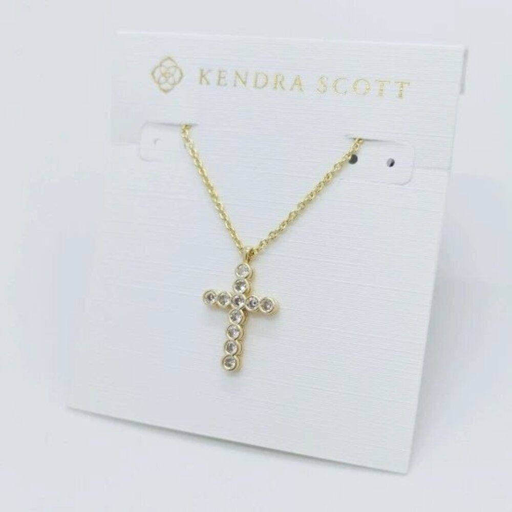 Kendra Scott Cross Crystal Gold Pendant Necklace in White Cubic Zirconia - Picture 2 of 6